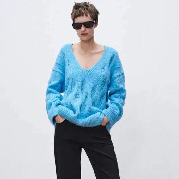 ZARA Ripped Longline Blue Sweater New - Picture 4 of 6